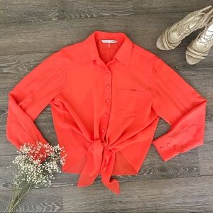 Trina Turk Silk Tie Front Button Down Blouse